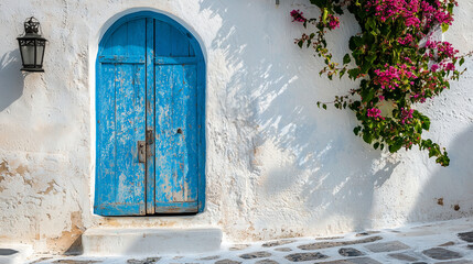 Weathered blue wooden door against whitewashed building
