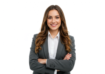 A young businesswoman with long wavy brown hair wearing a tailored blazer stands with her arms crossed isolated on transparent background