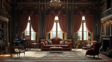 Fototapeta premium This luxurious living room features ornate details, symmetrical layouts, and plush velvet curtains. Antique furniture enhances the opulent ambiance, inviting comfort and sophistication