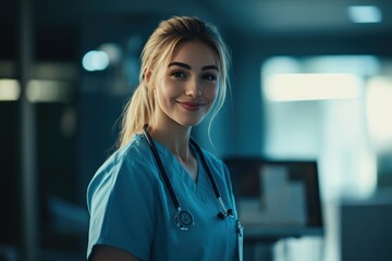 Fototapeta premium Portrait Of Female Doctor Nurse Or Surgeon Wearing Scrubs Standing at surgical department