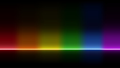 Dark studio with rainbow neon lights background. Red, orange, yellow, green, blue and purple glowing lines on black background. Products displayed on shiny and reflective surface. LGBTQ+ Pride Month.
