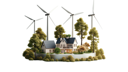 3D Render Wind Turbines and Solar Panels isolated on transparent background, PNG