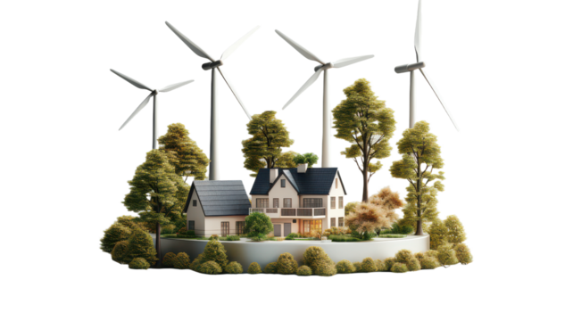 3D Render Wind Turbines and Solar Panels isolated on transparent background, PNG