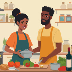 Cartoon Illustration of a Diverse Couple Cooking Together – Colorful Kitchen Scene in Vector Art Style