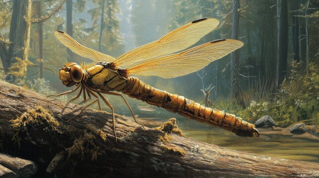 The Carboniferous period featured insects that grew to enormous sizes, including the giant dragonfly Meganeura. This dragonfly perched on logs in forests during the era. 