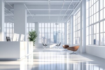 Fototapeta premium Modern sunny white style open space office with big windows. AI generated illustration.
