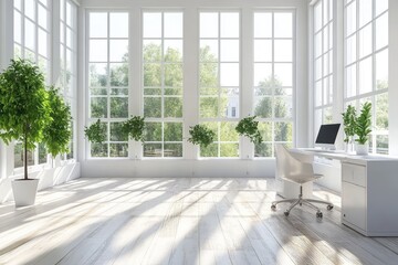 Fototapeta premium Modern sunny white style open space office with big windows. AI generated illustration.