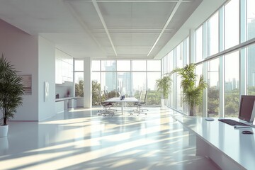 Fototapeta premium Modern sunny white style open space office with big windows. AI generated illustration.