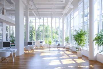 Obraz premium Modern sunny white style open space office with big windows. AI generated illustration.