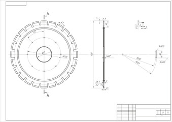Assembly drawing of milling cutter, 
diamond saw, toothed cutting disc.
Vector design of steel mechanical device with 
dimension lines.
Engineering technic computer cad scheme on 
paper sheet.