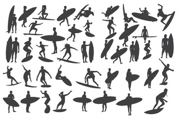 A collection of surfing silhouettes featuring different surf poses and actions. Ideal for sports, adventure, and ocean-themed designs.