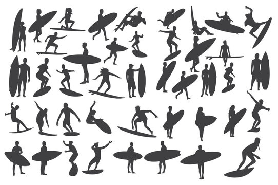 A collection of surfing silhouettes featuring different surf poses and actions. Ideal for sports, adventure, and ocean-themed designs.