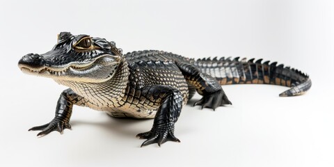 Fototapeta premium On a white backdrop, an alligator stands tall, its powerful body and intense stare capturing attention in the simple setting.