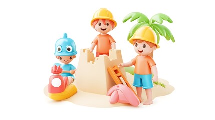 Naklejka premium Children Playing with Toys at a Beach Scene with Sandcastle