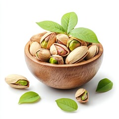 Pistachios and green leaves in a wooden bowl on an isolated white background. Generated AI