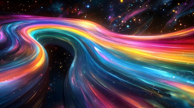 Digital rainbow stripes dancing in a futuristic space