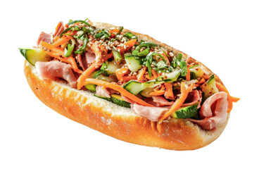 Fresh Vietnamese banh mi sandwich with ham, pickled vegetables, and herbs served on a soft bread roll in a vibrant setting, cut out