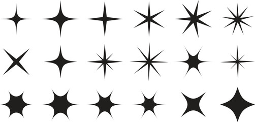 Sparkle star icon set. Retro futuristic sparkle vectors isolated on transparent background. Shining sparkle icon, Blink twinkle star shapes collection. Abstract cool shine effect sign vector design.