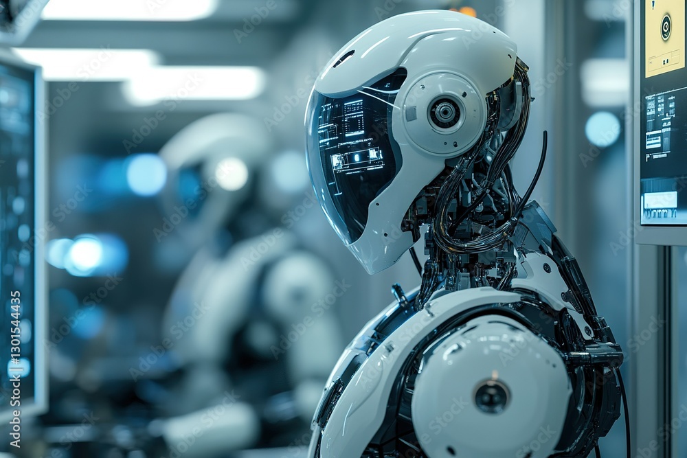 Poster a futuristic robotic factory where ai-driven machines manufacture consumer electronics with precisio