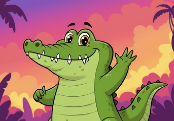 Obraz premium Friendly Crocodile Sunset: Cartoon Illustration