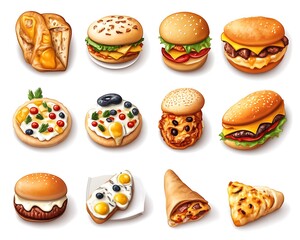 Assorted Foods Sandwich, Pizza, Pastry. Isolated