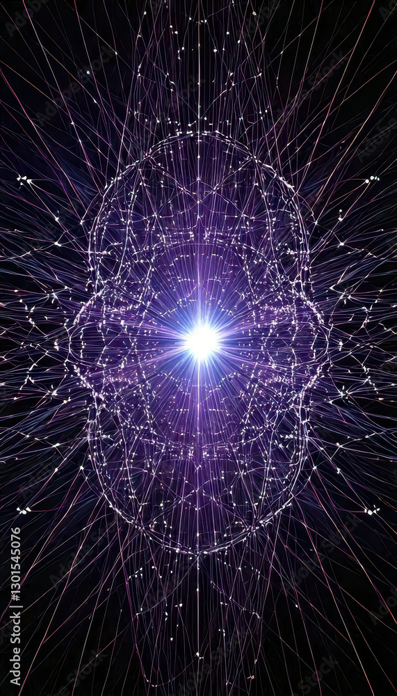 Poster exploring the intricate beauty of quantum fields under cosmic illumination