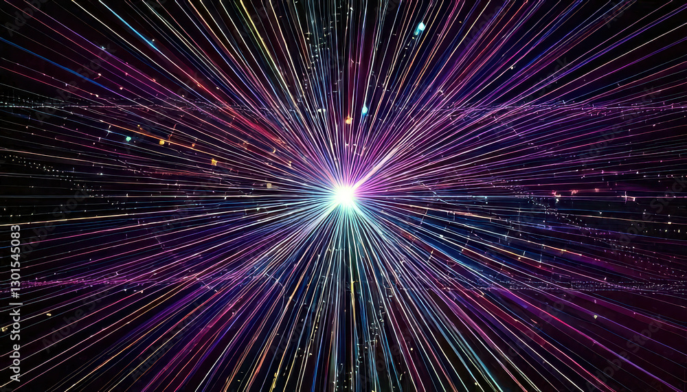 Poster exploring the vibrant energies of quantum fields in a cosmic landscape of colors and light