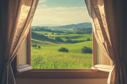 Fototapeta Scenic view of rolling hills and green fields through an open window