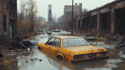 Flooded industrial area with abandoned cars and debris floating in murky water. Generative AI