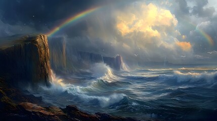 Fototapeta premium Dramatic cliffs and rocky coasts with stormy sea and rainbow