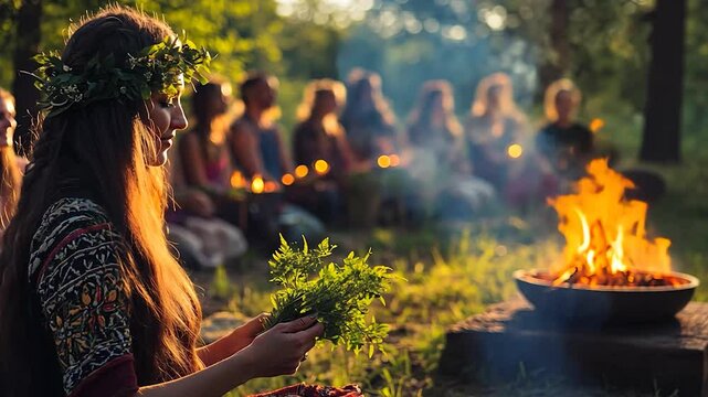 Woman gathering herbs near campfire, woodland gathering