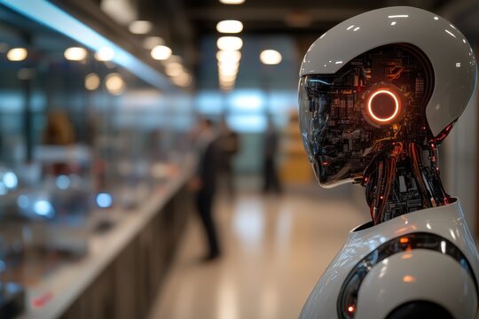 A sleek, humanoid robot design on display in a modern exhibition space with glowing circuitry, representing advancements in technology and robotics for the future.