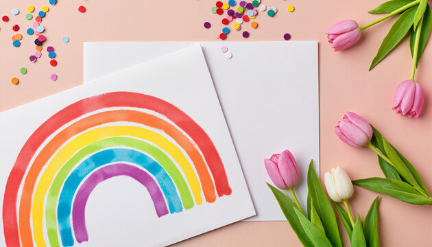 Vibrant hand-painted rainbow greeting card with fresh tulips and confetti on pastel background for March 8