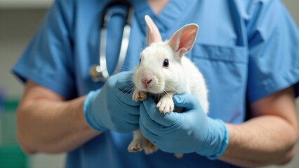Veterinarian holding white rabbit in clinic setting with stethoscope and blue gloves