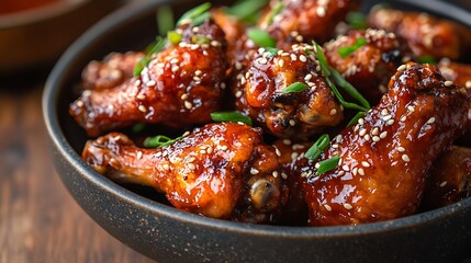 Fototapeta premium Delicious Glazed Chicken Wings Served in a Bowl with Sesame Seeds