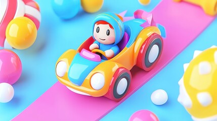 Obraz premium Colorful toy car with child figure, colorful background, kids toy, play