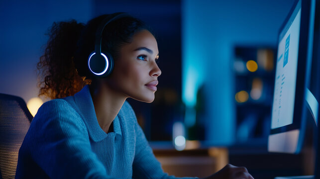 A determined businesswoman with a headset sitting at her workstation, attentively listening and engaging in a virtual meeting, showcasing remote work efficiency and modern digital