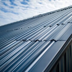 Modern metallic roofing with corrugated steel sheets under cloudy sky