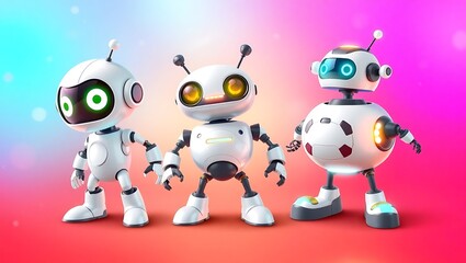 Cute robot characters against colorful backdrop. Possible stock photo use