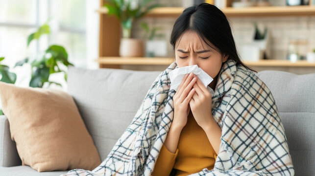 An unwell Asian woman sitting on a sofa, wrapped in a warm plaid blanket, holding a tissue while looking tired and sick. Her expression conveys discomfort, suggesting she is suffer