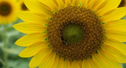 Obraz premium Golden Sunflower Close-up: A Bee's Serene Visit