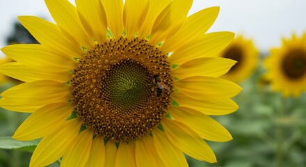 Fototapeta premium Golden Sunflower with Honeybee: Vibrant Summer Field Bloom