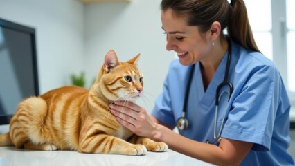 Female veterinarian examining ginger cat in clinic setting