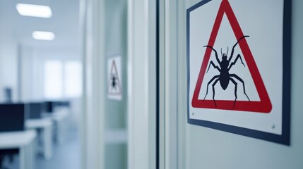 Warning Sign on Office Door in Bright Indoor Setting