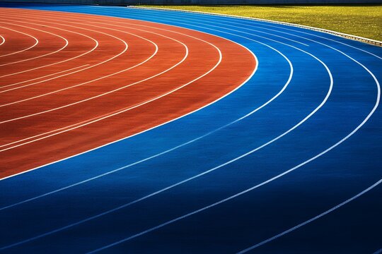 Curved running track with red and blue lanes under bright sunlight