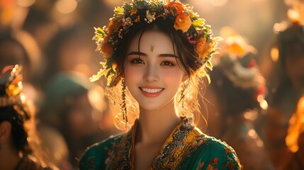 A Colorful Gathering Celebrating Cultural Heritage with a Woman in Festive Green Attire Surrounded by Music and Crafts