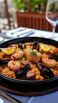 Savory traditional Spanish paella filled with fresh seafood and chorizo, served outdoors with a Mediterranean ambiance