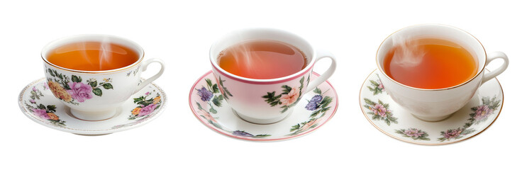Elegant Teacups with Steaming Tea on White Isolated on transparent background