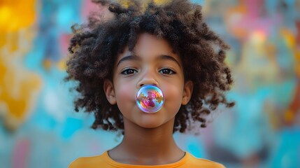 An Exuberant and Stylish Young Child Blowing Joyful Bubblegum in a Lively and Colorful Artistic Background