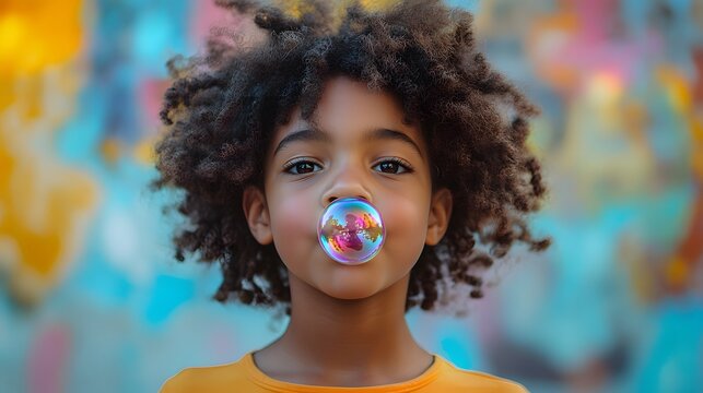 An Exuberant and Stylish Young Child Blowing Joyful Bubblegum in a Lively and Colorful Artistic Background